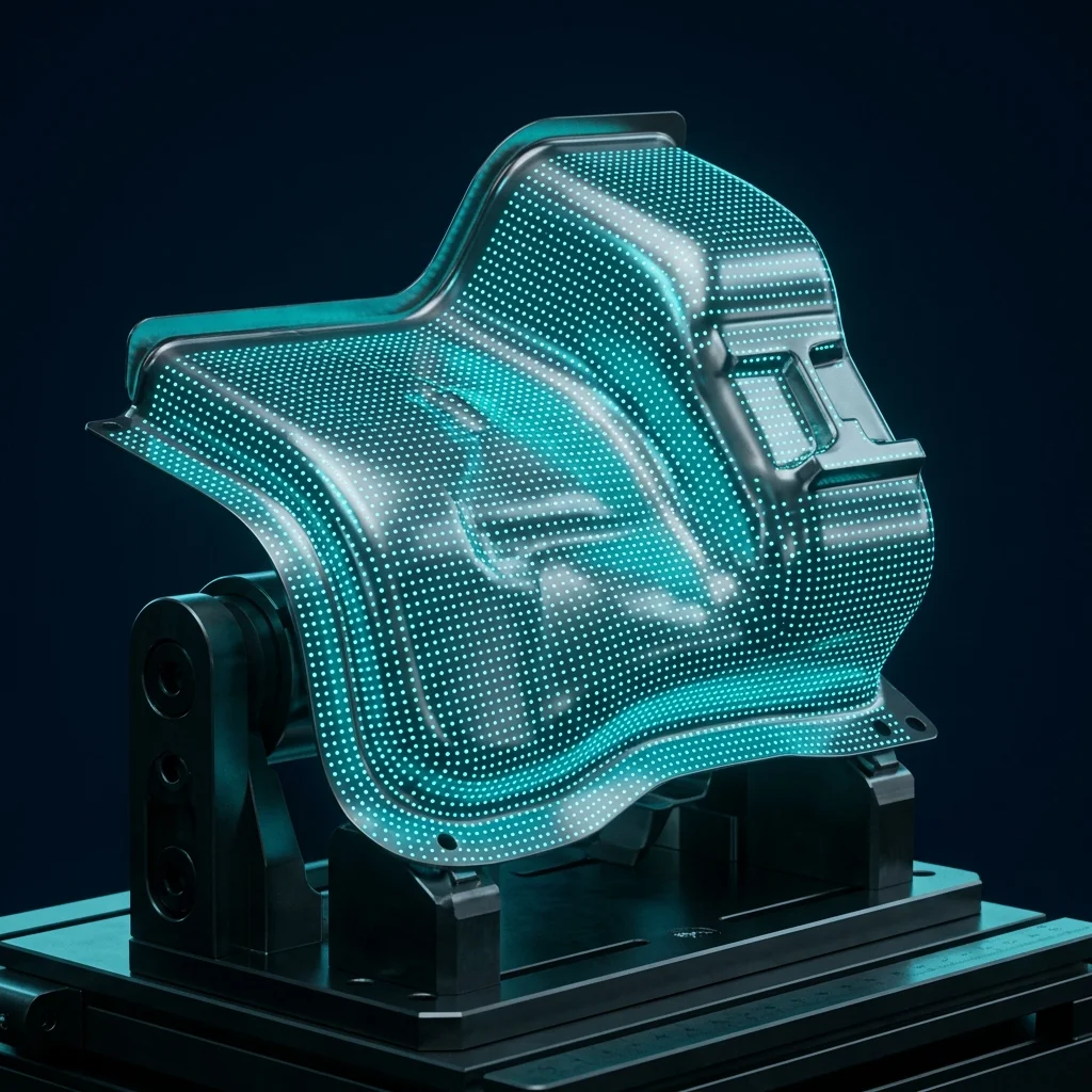 Optical 3D photogrammetry measuring system inspecting stamped automotive sheet metal panel during die tryout