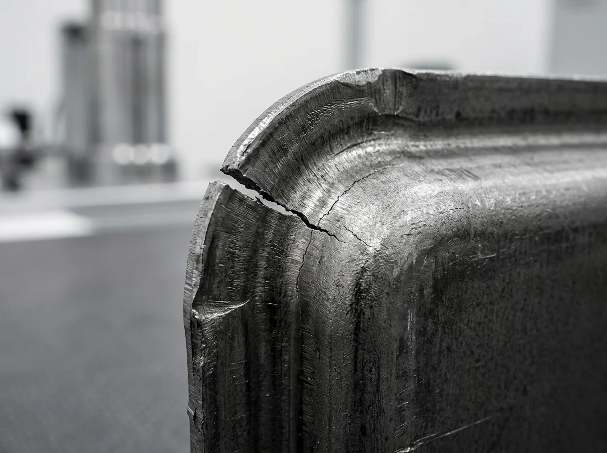 Macro close-up of localized sheet metal necking, thinning, and micro-crack defect along stamped radius