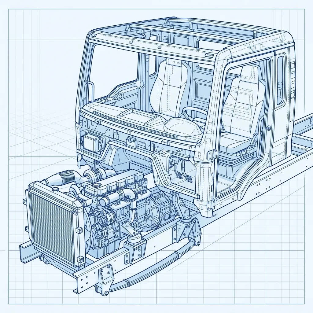 Heavy Commercial Truck Cab and Powertrain Blueprint CAD Render