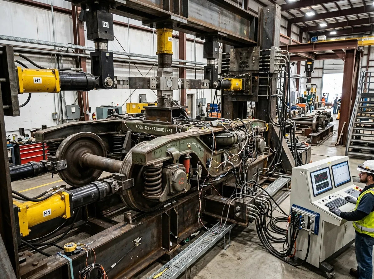 Railway bogie frame and automotive suspension undergoing dynamic fatigue life testing