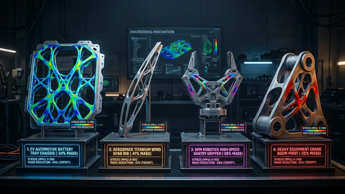Composite Showcase of Topology-Optimized Lightweight Industrial Components Across Sectors
