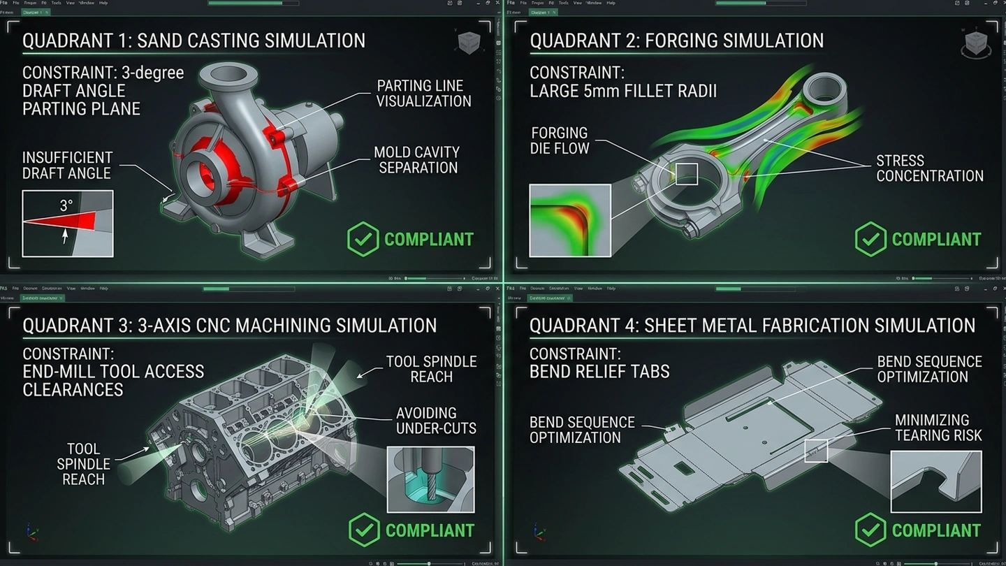 Manufacturing Constraint Simulation Comparison across Casting, Forging, CNC Machining, and Sheet Metal