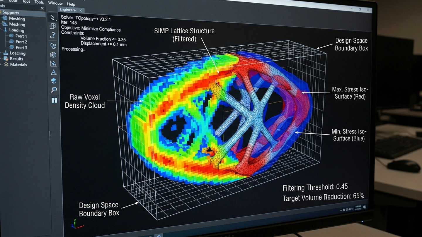 CAE Topology Optimization Raw Voxel Density Cloud and SIMP Lattice Structure