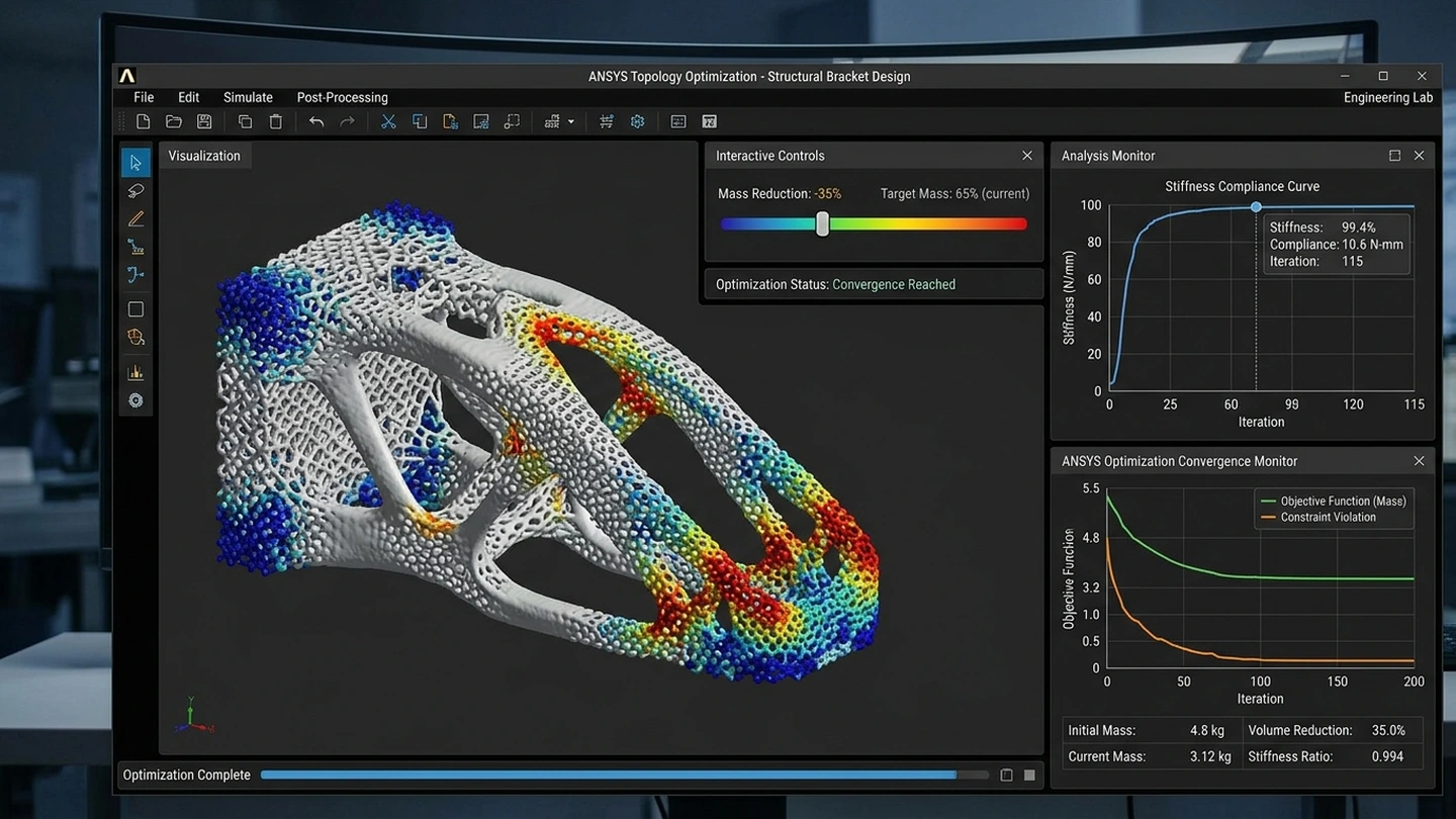 Topology Optimization Density Plot with Live Geometry Morphing and Compliance Curves