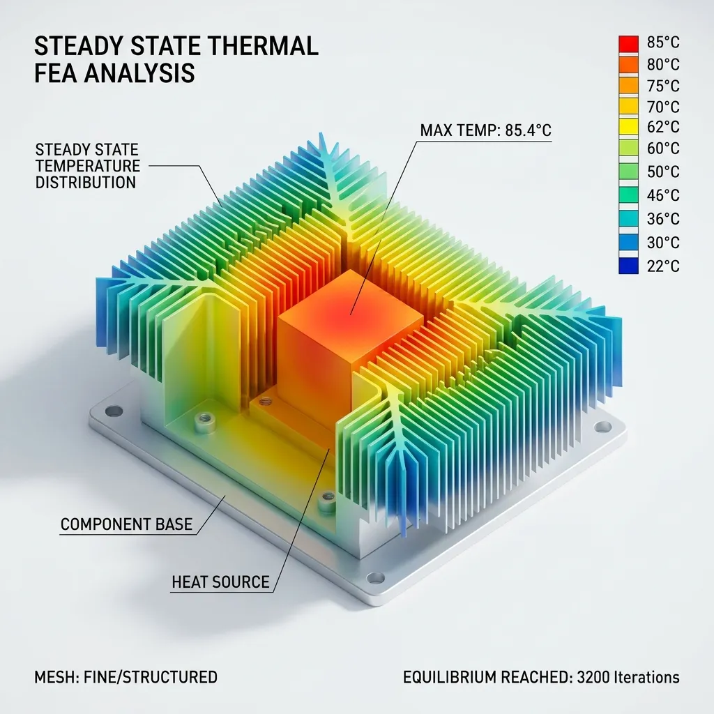 Steady State Thermal FEA Analysis showing equilibrium heat sink temperature distribution