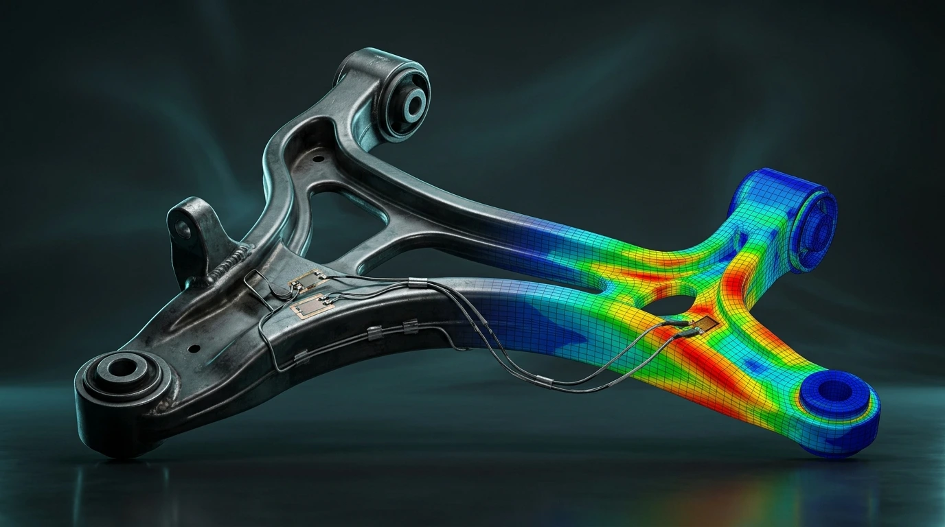 Automotive Wishbone Suspension Arm with Strain Gauge Wires and FEA Stress Gradient