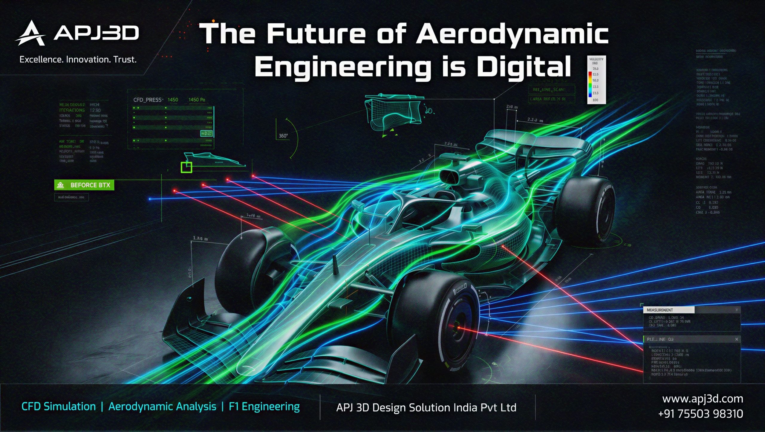 CAE simulation in Motorsport F1 aerodynamic CFD analysis report by APJ3D showing velocity pathlines surface pressure and downforce results using ANSYS Fluent