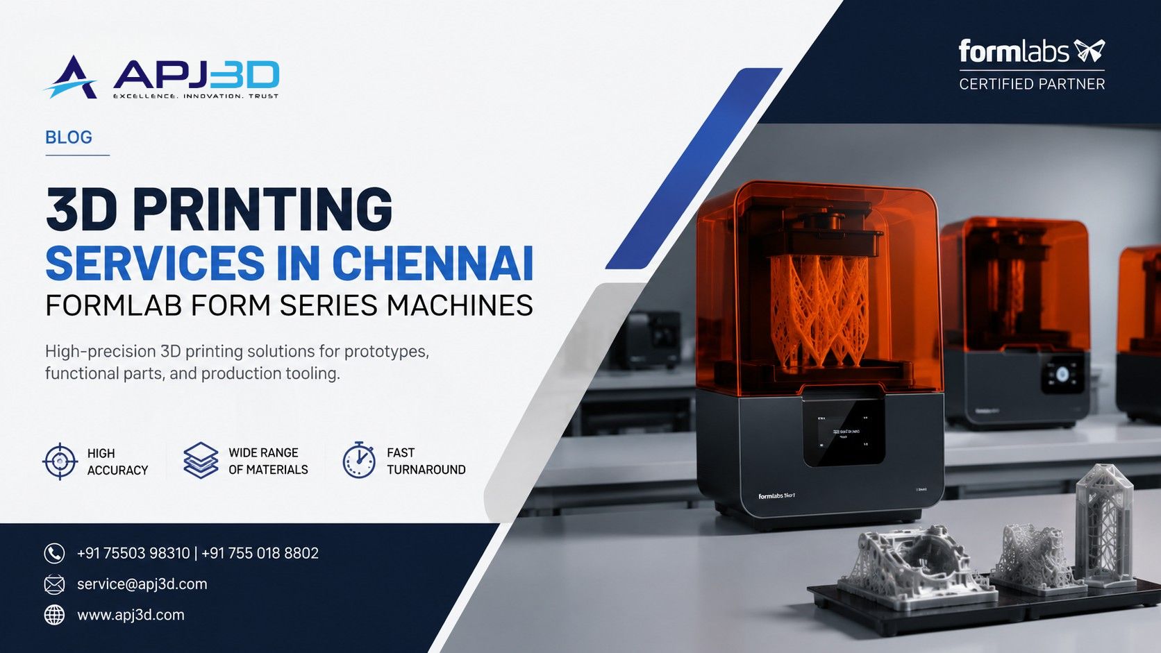 Professional 3D printing services in Chennai and Bangalore using Formlabs Form Series SLA machines for engineering prototypes, functional parts, and industrial applications